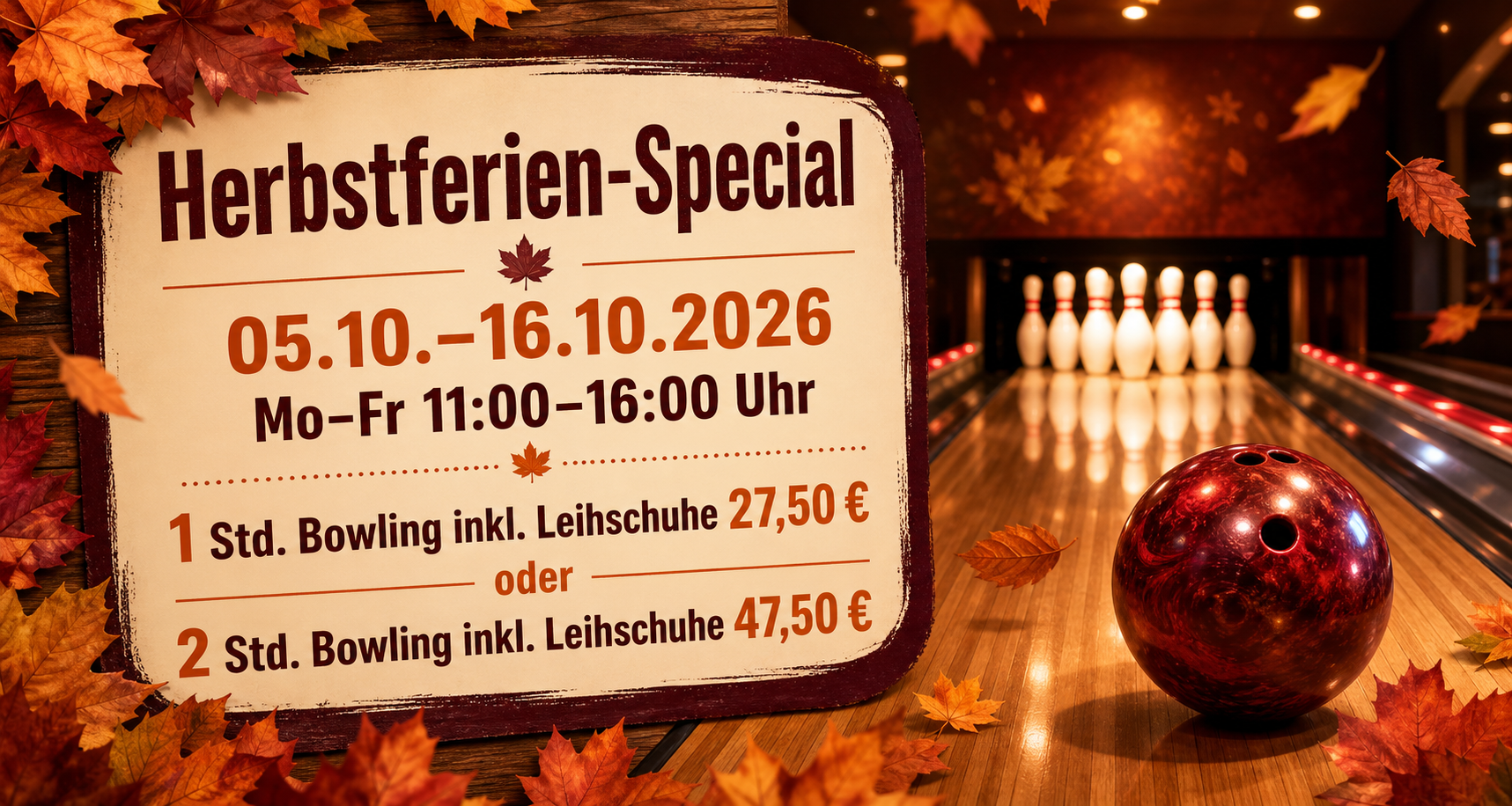 Herbstferien-Special vom 05.10.2026 bis 16.10.2026 mit Bowling-Angeboten